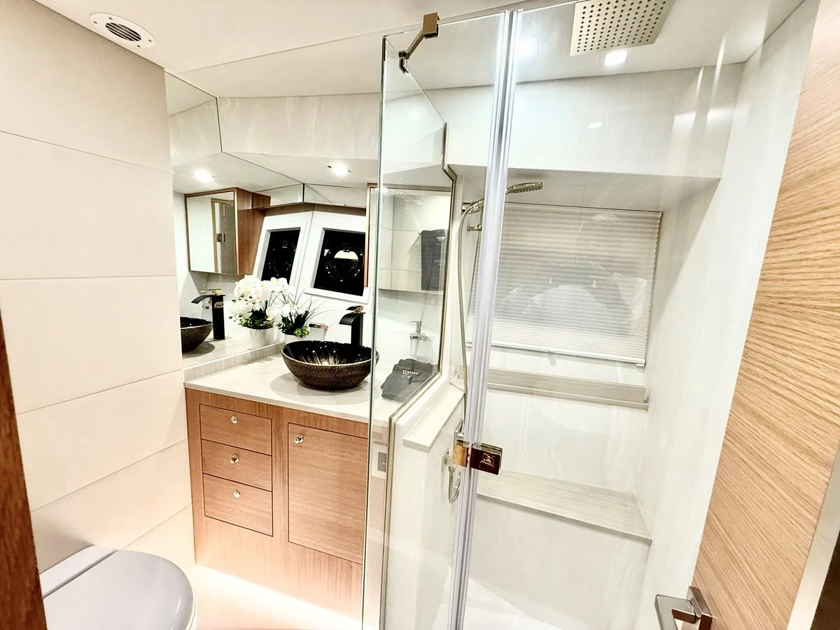 a shower unit in a bathroom aboard SEA AT LAST Yacht for Sale