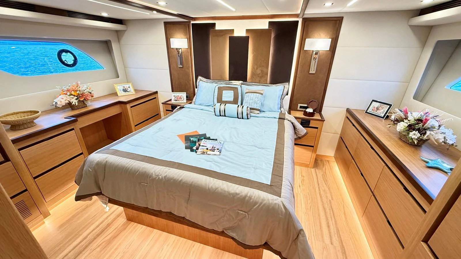 a bed in a room aboard SEA AT LAST Yacht for Sale