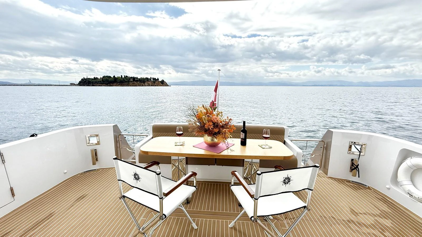 a table on a boat aboard SEA AT LAST Yacht for Sale