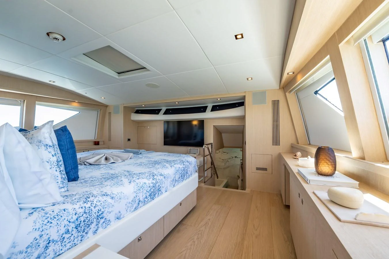 a room with two beds aboard PRECIOSO Yacht for Sale