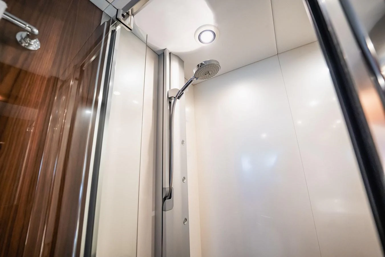 a shower unit with a glass door aboard PRECIOSO Yacht for Sale