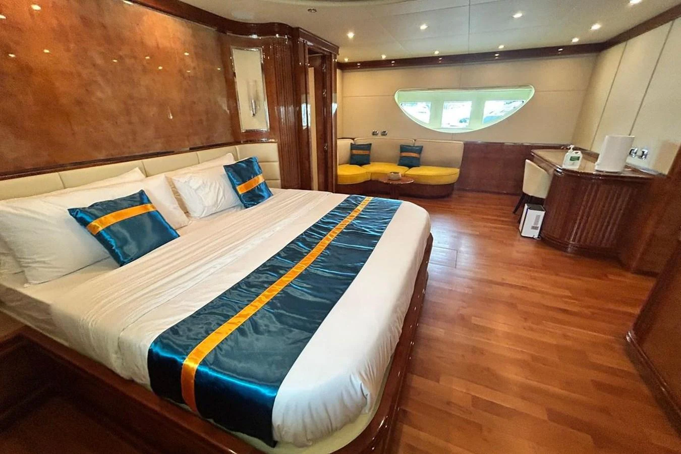 a bed in a room aboard SUNSHINE Yacht for Sale