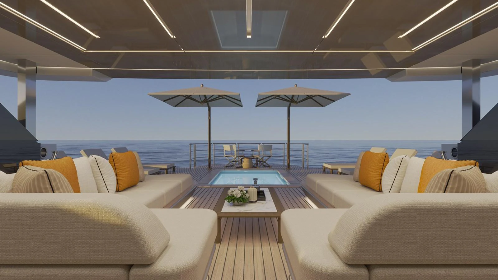 a large living room with a pool table and umbrellas aboard B130 Yacht for Sale