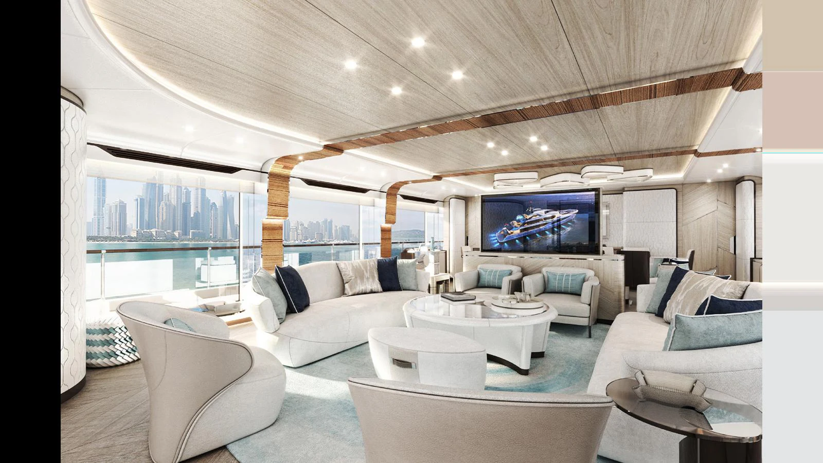 a living room with a large window aboard MAJESTY 160 Yacht for Sale