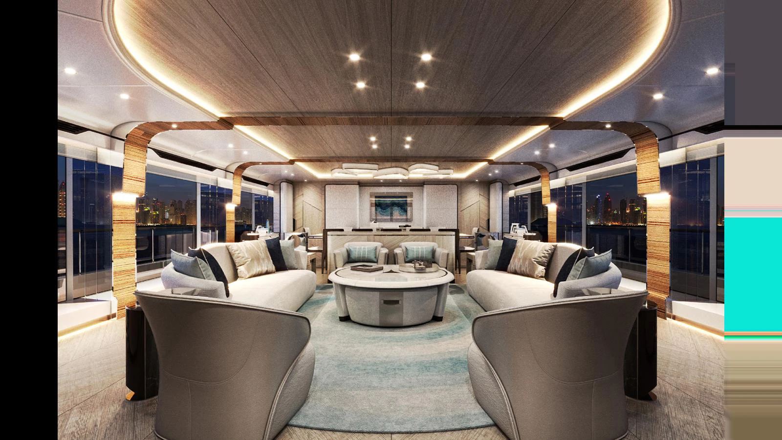 a large living room with a large glass table aboard MAJESTY 160 Yacht for Sale