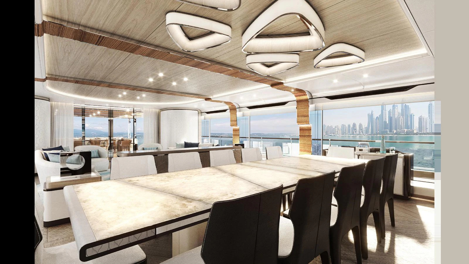 a room with tables and chairs aboard MAJESTY 160 Yacht for Sale