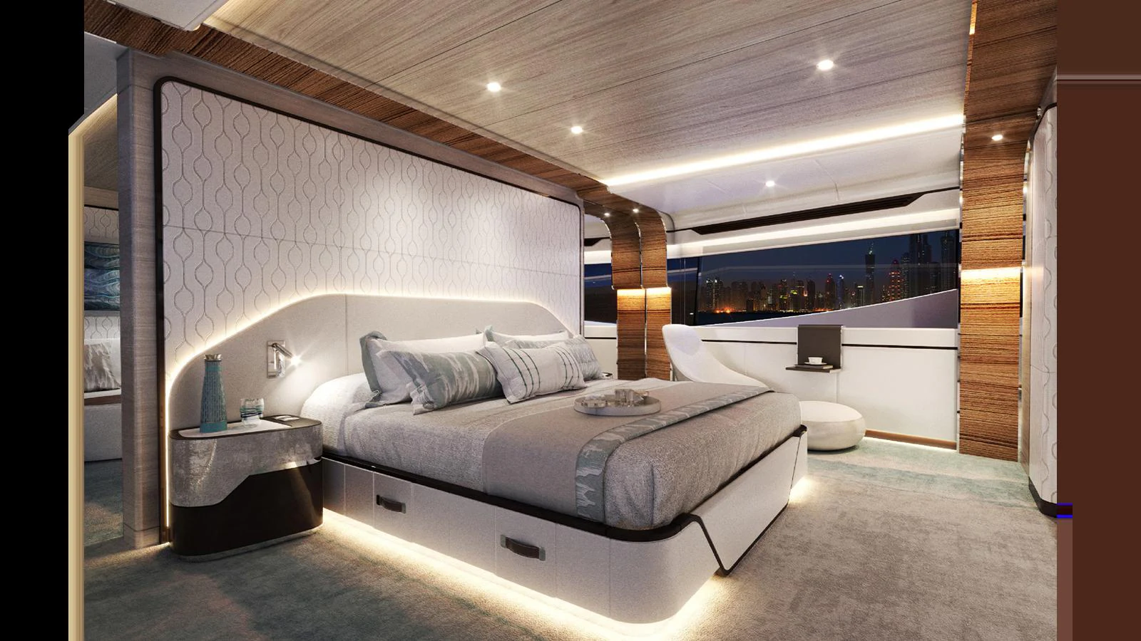 a bed in a room aboard MAJESTY 160 Yacht for Sale