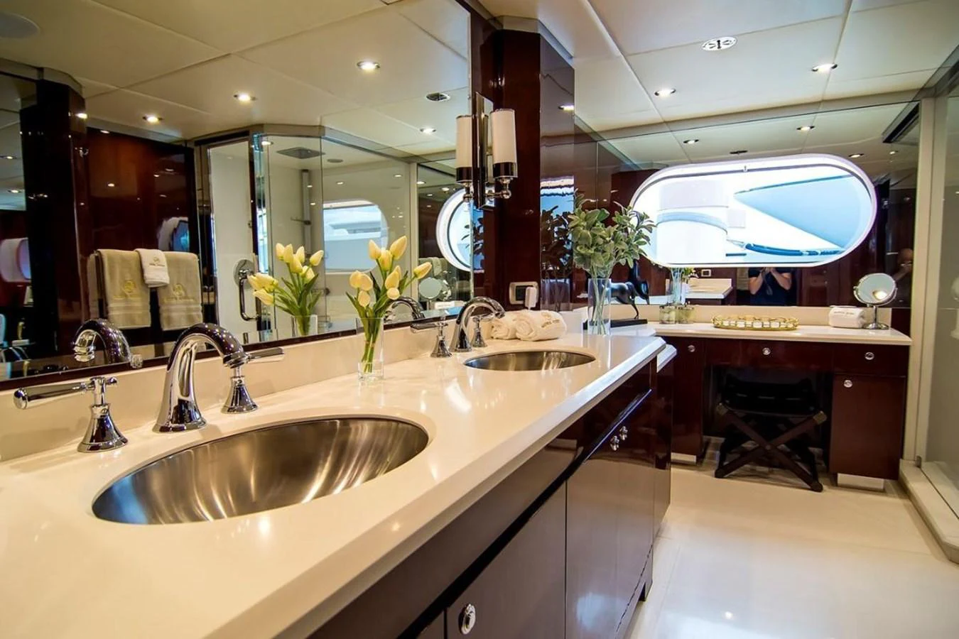a bathroom with sinks and mirrors aboard ALL STAR 1 Yacht for Sale