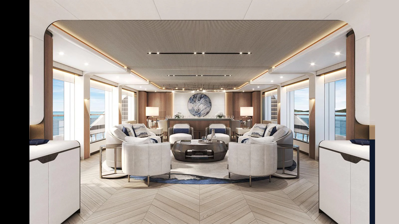 a living room with a large window aboard MAJESTY 145 Yacht for Sale