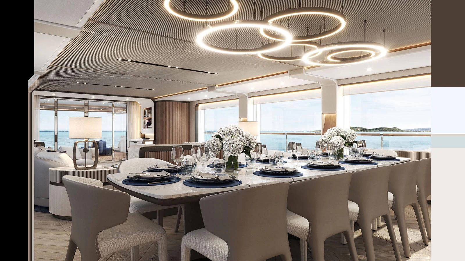 a dining room with a large table aboard MAJESTY 145 Yacht for Sale