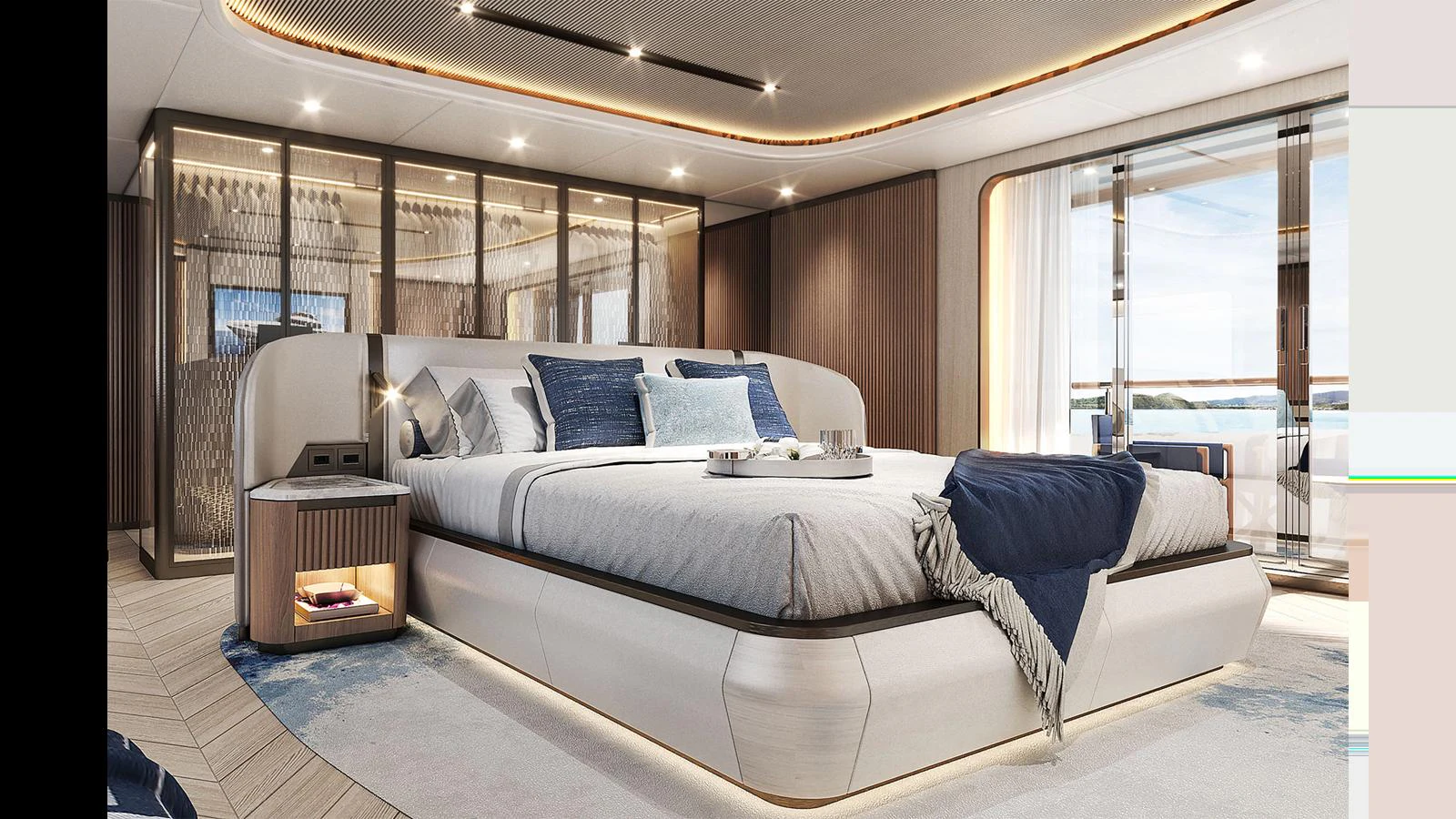 a large bed in a room aboard MAJESTY 145 Yacht for Sale
