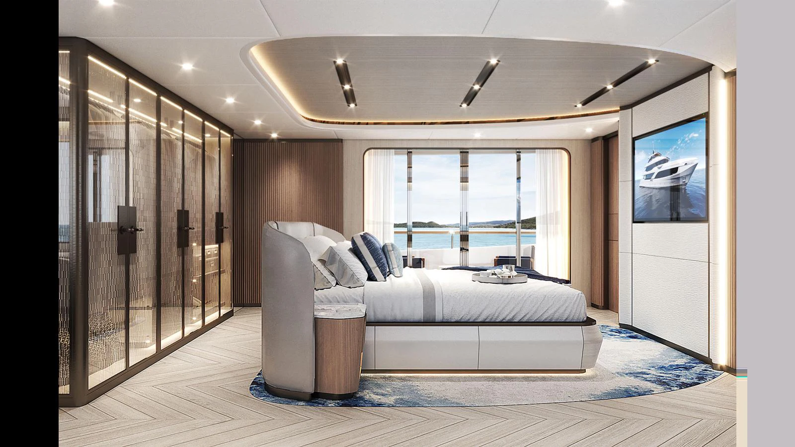 a bedroom with a bed and a large window aboard MAJESTY 145 Yacht for Sale