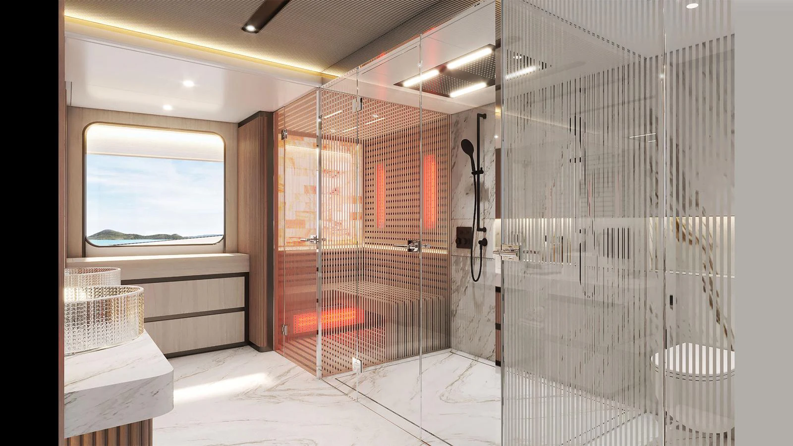 a room with a shower and a sink aboard MAJESTY 145 Yacht for Sale