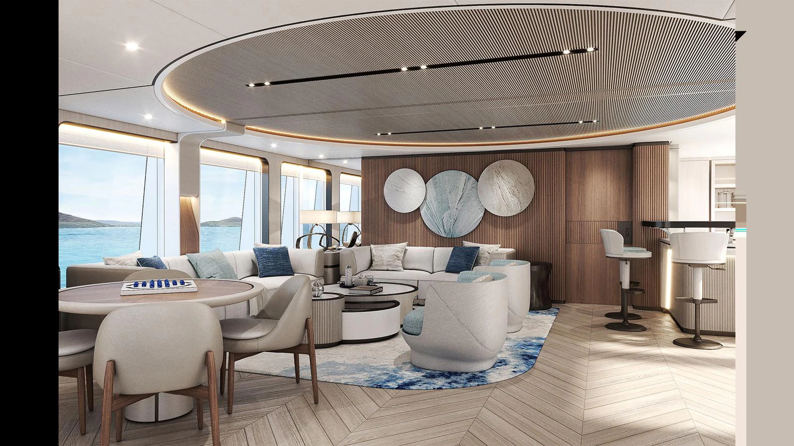 a living room with a large mirror aboard MAJESTY 145 Yacht for Sale