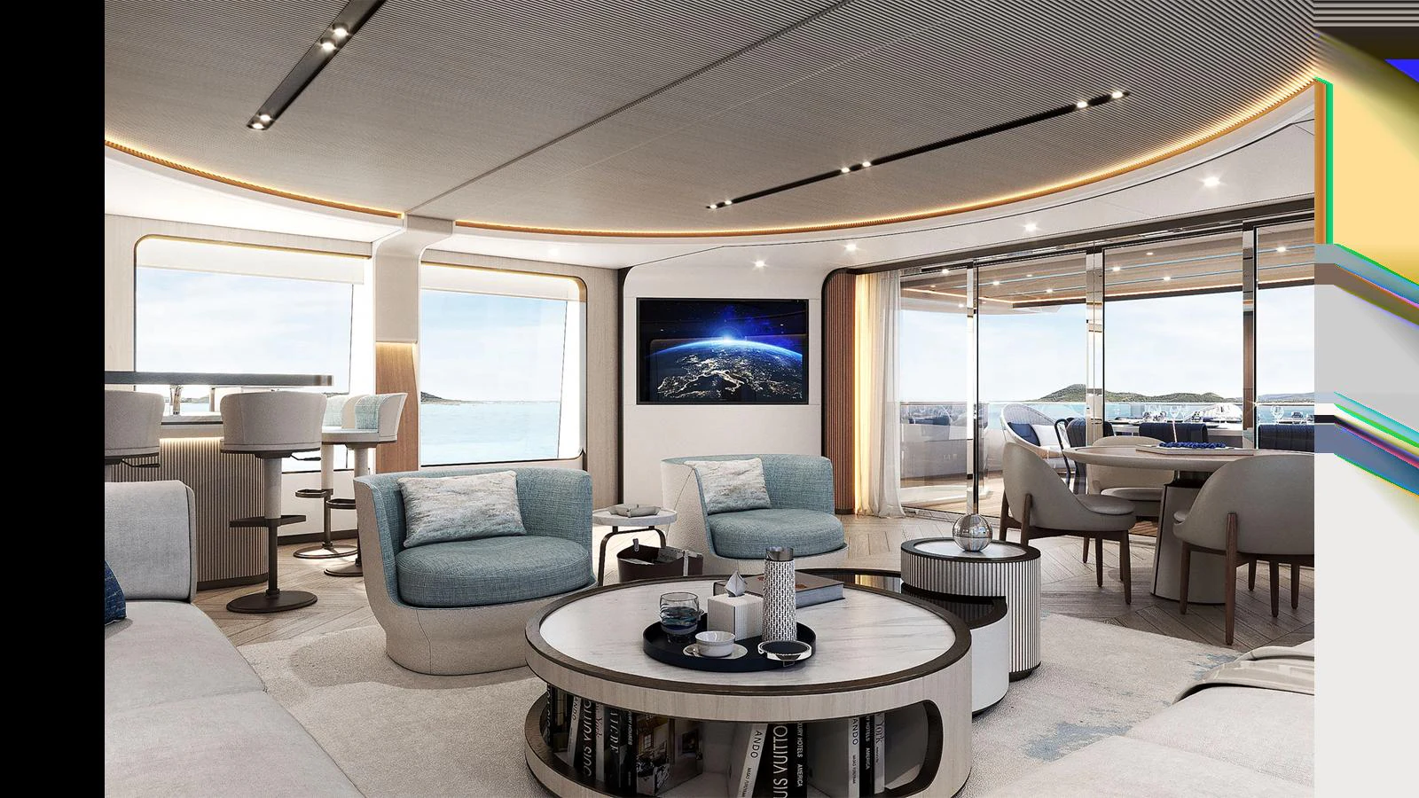 a living room with a large window aboard MAJESTY 145 Yacht for Sale