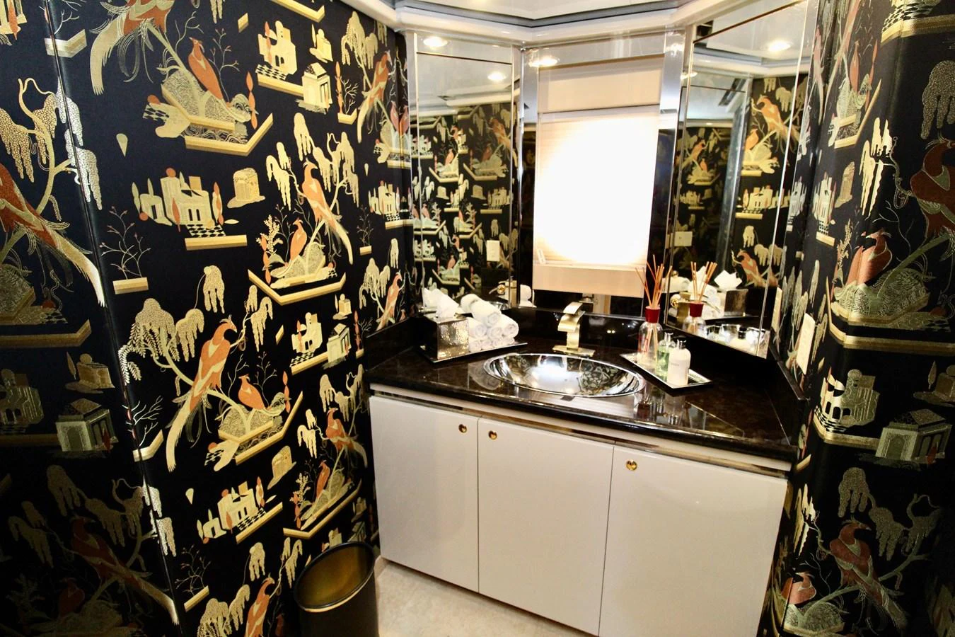 a kitchen with a lot of wallpaper aboard MAVERICK Yacht for Sale