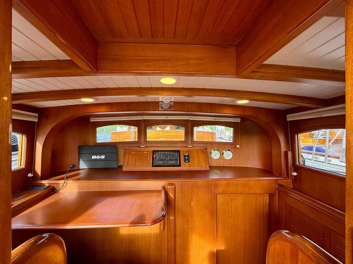 inside of a wooden cabin aboard NAMUUN Yacht for Sale