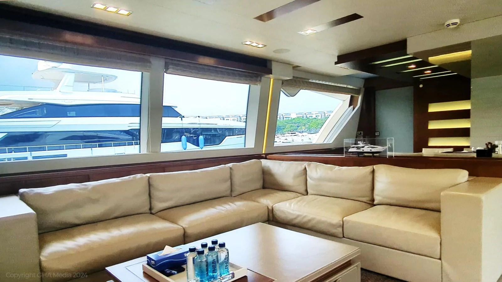 a couch in a room aboard OXYGEN Yacht for Sale