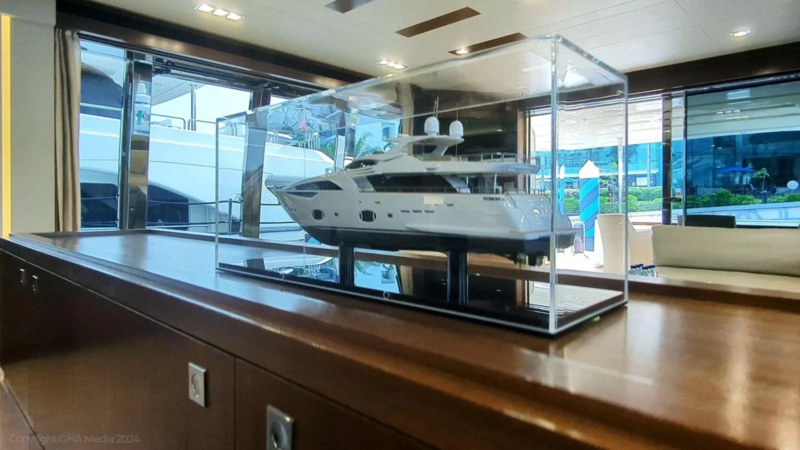 a large room with a boat in it aboard OXYGEN Yacht for Sale