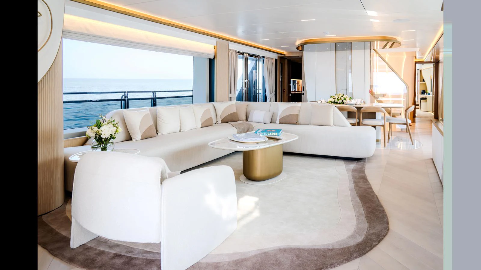 a living room with white furniture aboard 100 TERRACE Yacht for Sale