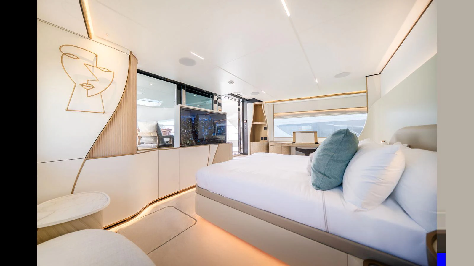 a room with a bed and a television aboard 100 TERRACE Yacht for Sale