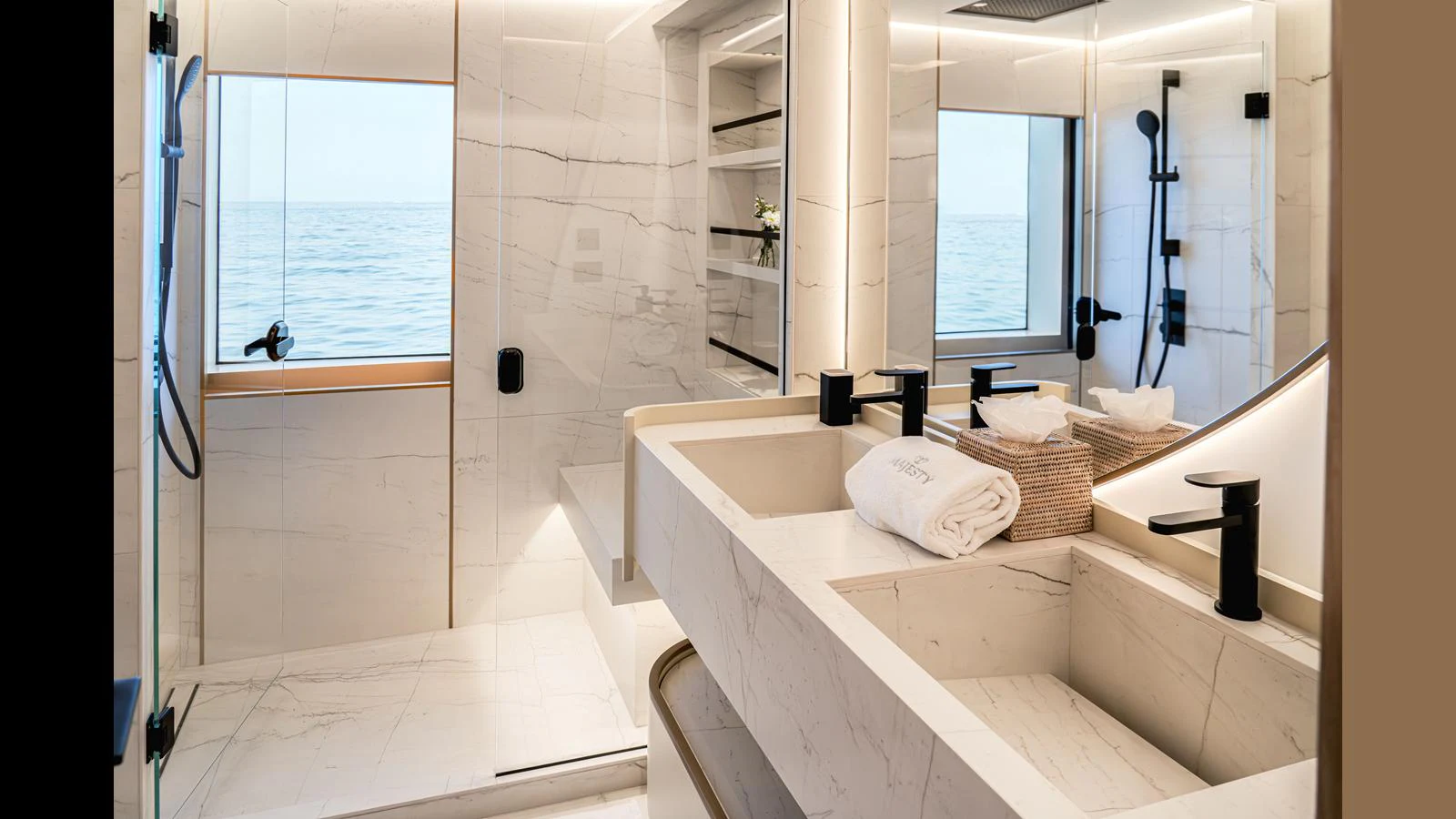 a bathroom with a countertop sink and a mirror aboard 100 TERRACE Yacht for Sale