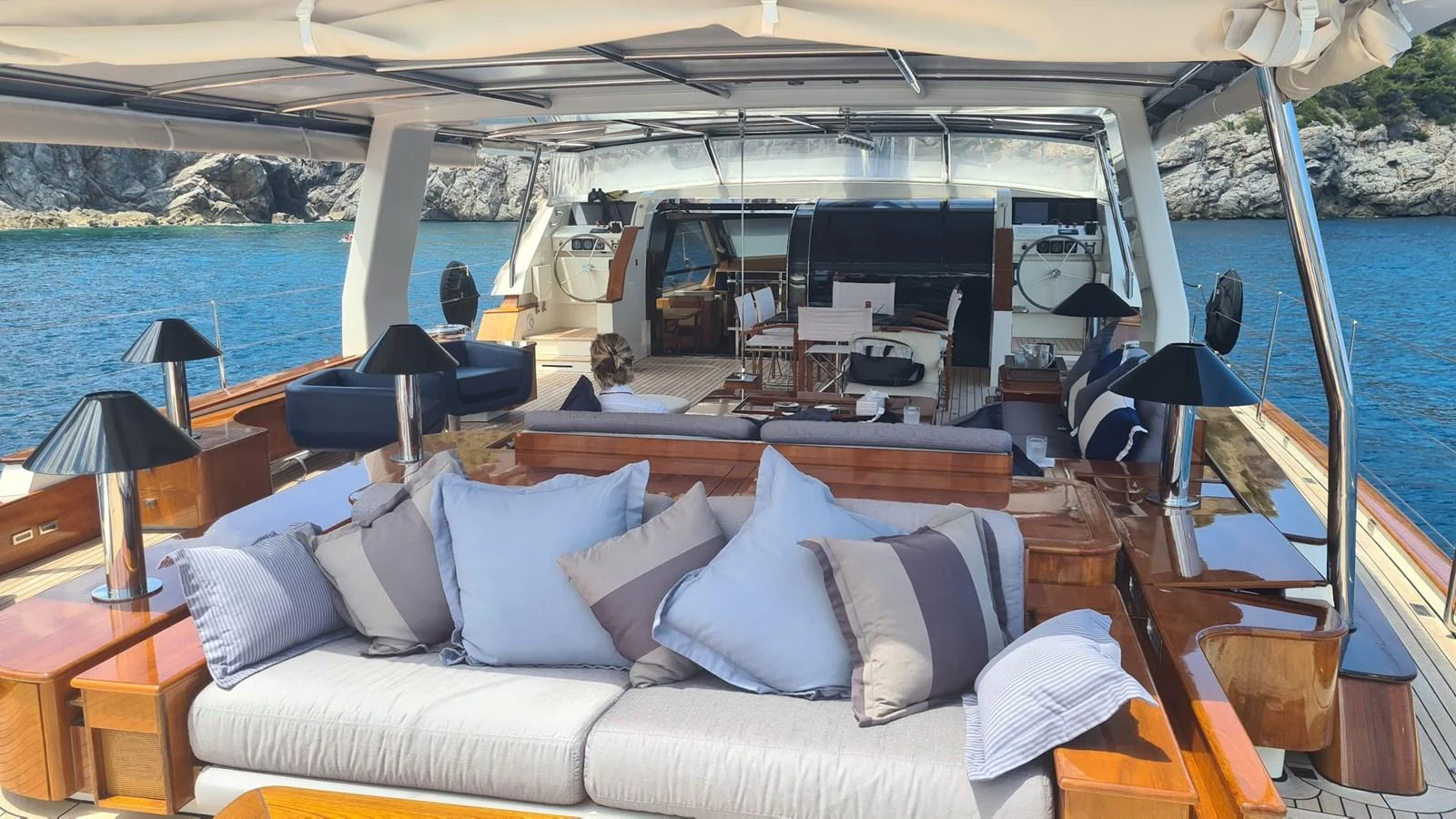a boat with pillows and a sofa aboard AKALAM Yacht for Sale