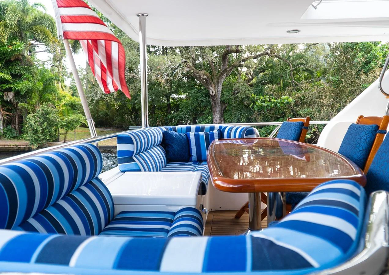 a deck with chairs and umbrellas aboard JUSMAD Yacht for Sale