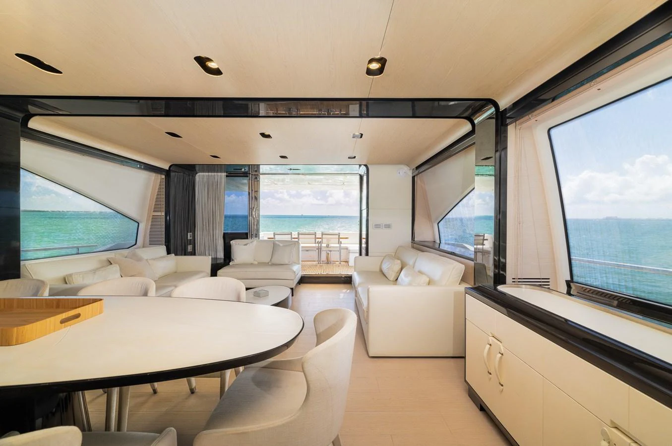The salon offers a spacious and elegant area with panoramic views of the sea. aboard SABI Yacht for Sale