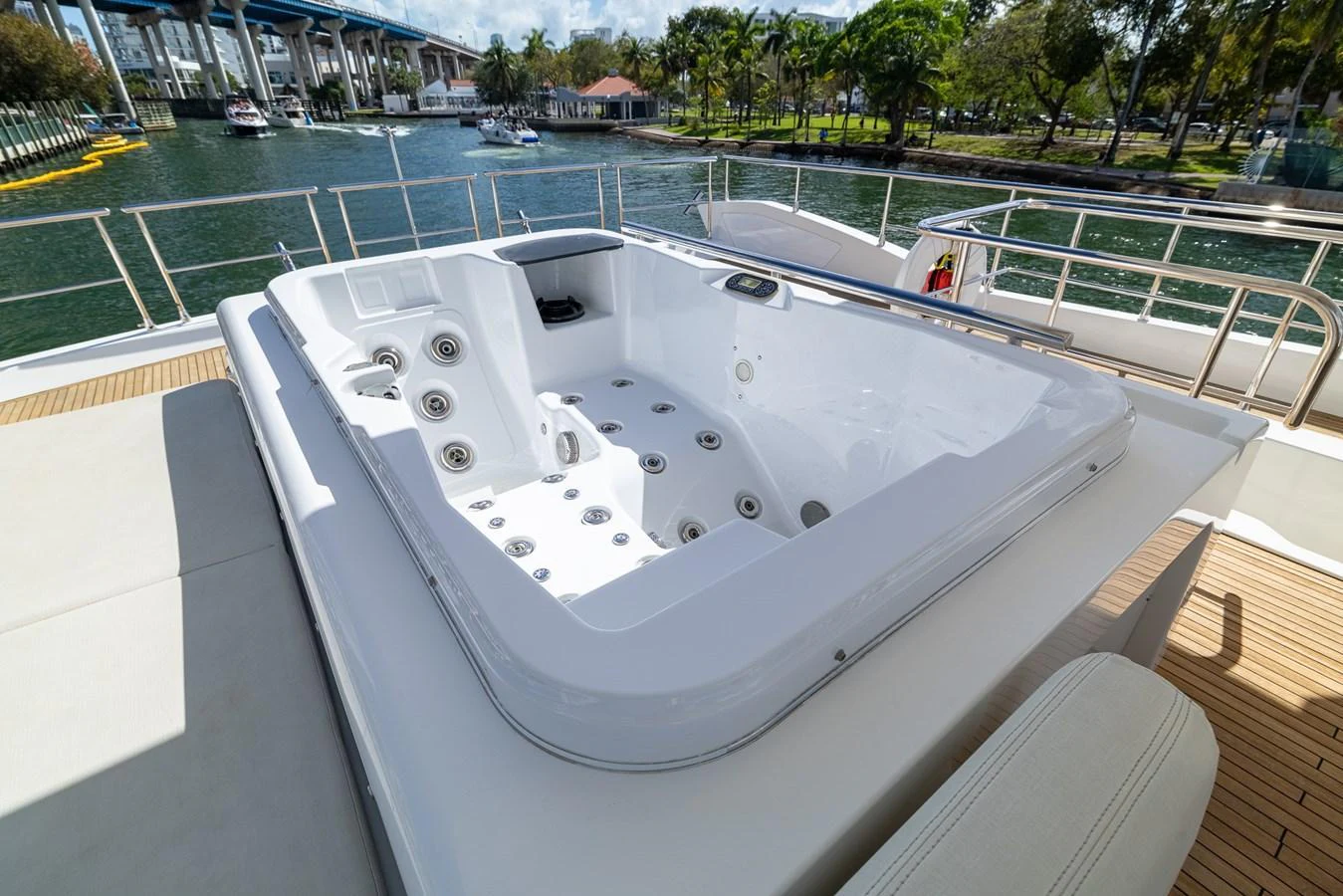 The yacht features a luxurious jacuzzi on the deck, perfect for relaxation with a scenic view. aboard SABI Yacht for Sale