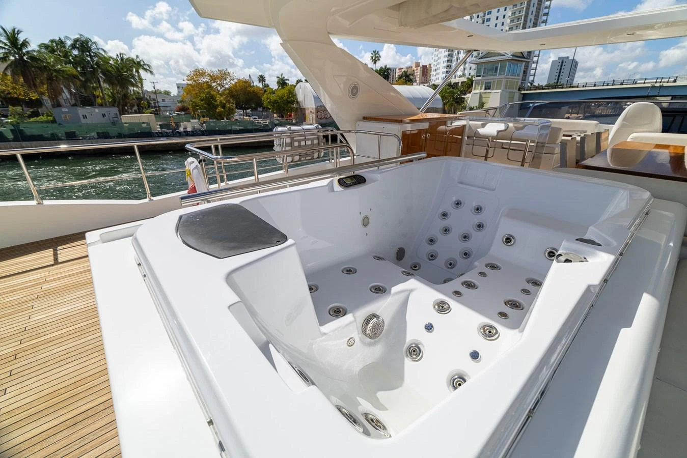 The yacht features a spacious jacuzzi on the deck, perfect for relaxation and enjoying the view. aboard SABI Yacht for Sale