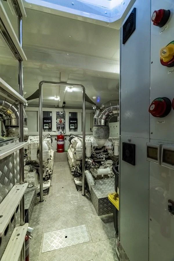 The image showcases the well-maintained engine room of the yacht, featuring advanced machinery and equipment. aboard SABI Yacht for Sale