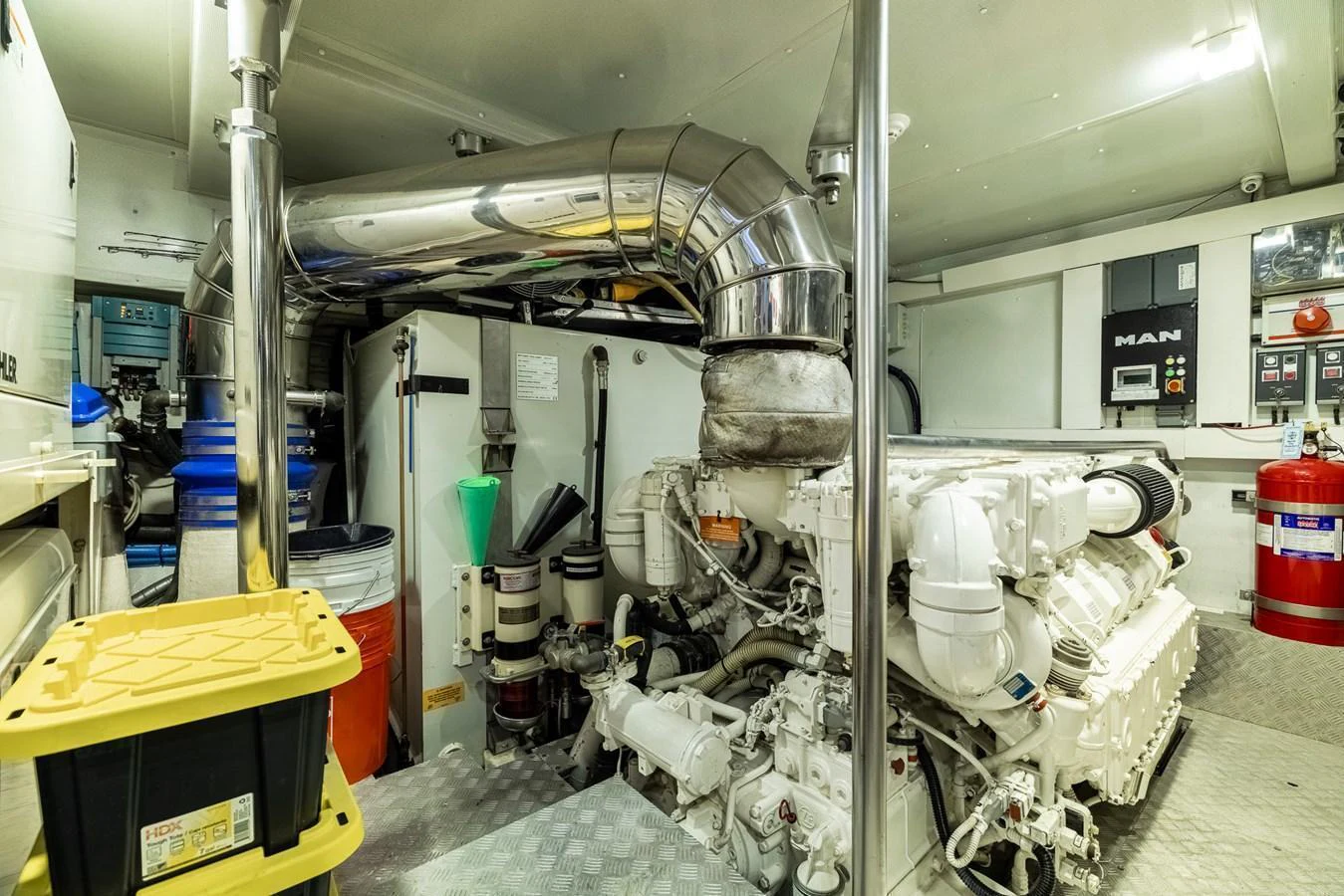 The engine room showcases the powerful machinery and meticulous engineering of the yacht. aboard SABI Yacht for Sale