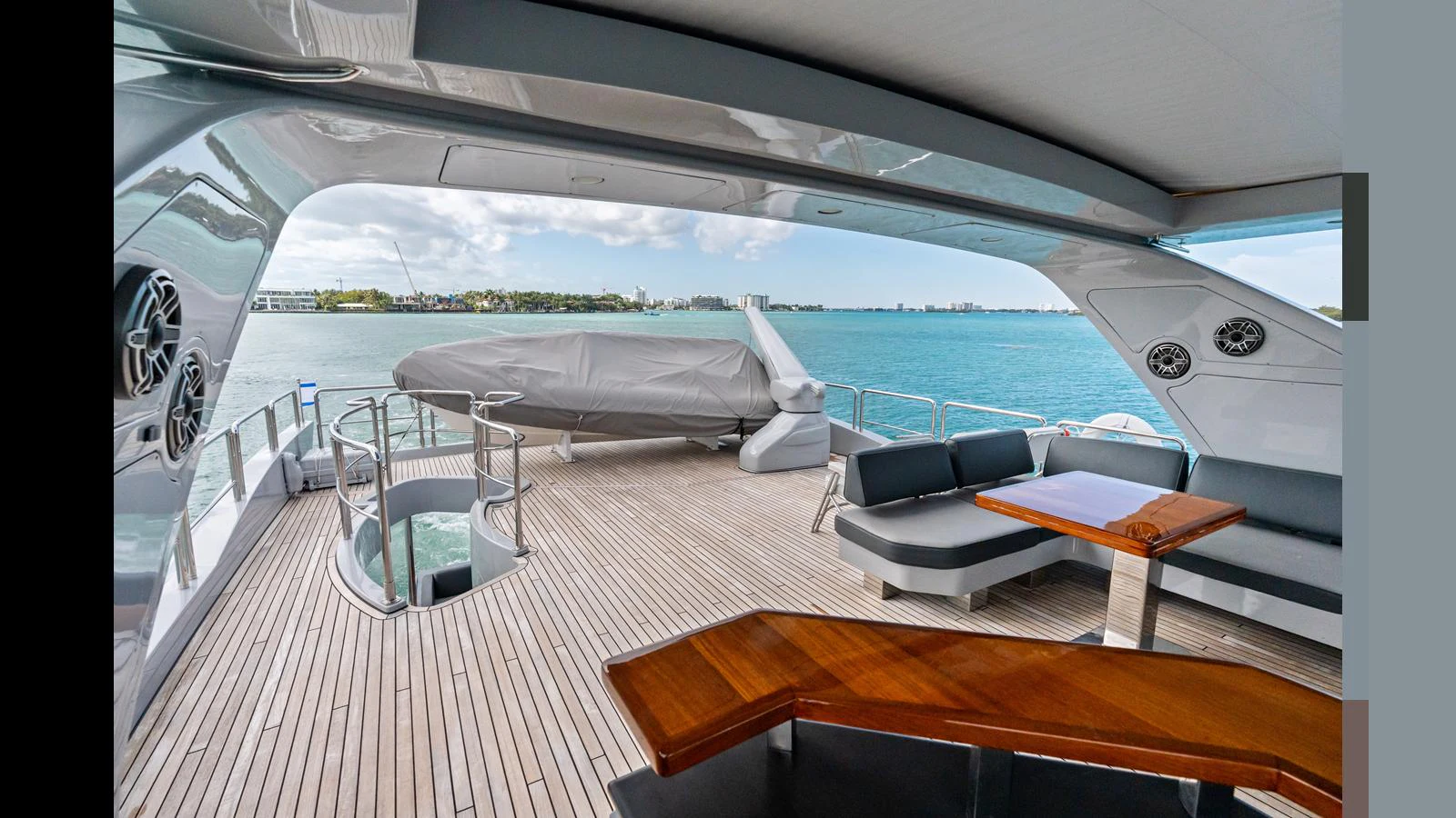 a room with a view of the water and the land aboard KNOT WOKE Yacht for Sale
