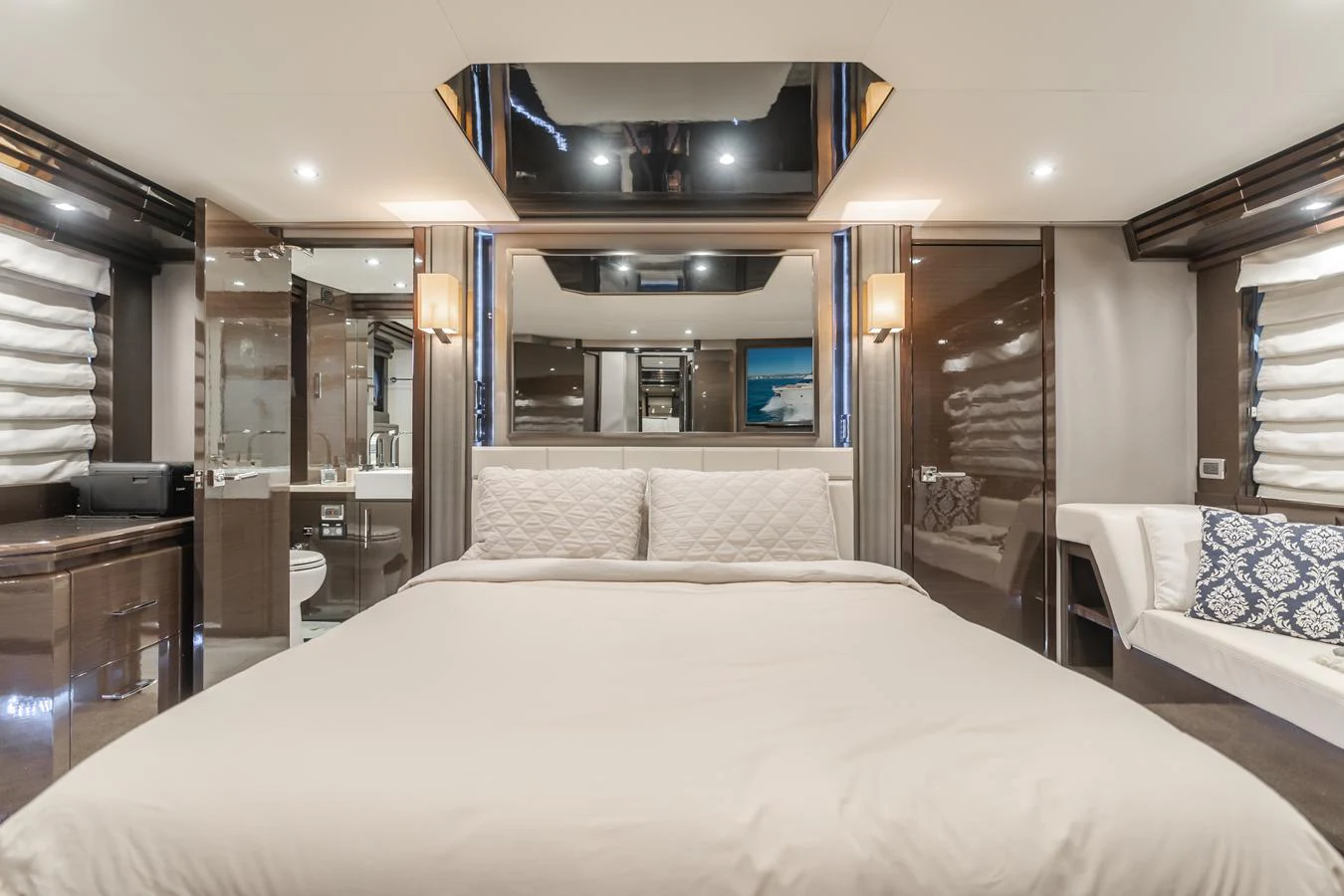 a large bed in a hotel room aboard FINE SEAS-ONINGS Yacht for Sale