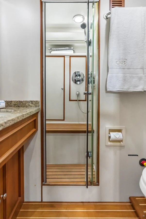 a shower unit in a bathroom aboard ENCORE Yacht for Sale