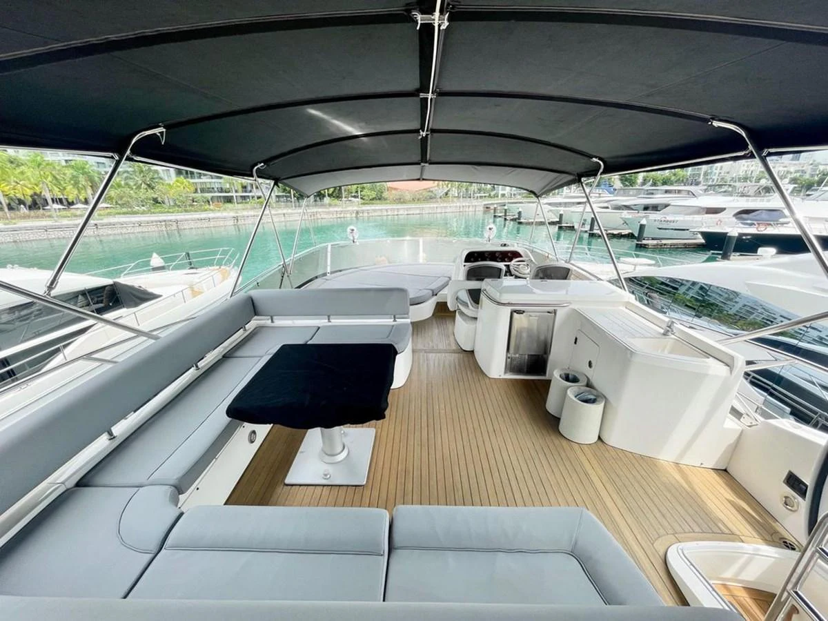 The yacht's flybridge offers a spacious and comfortable seating area with a sleek, modern design. aboard ELLYN Yacht for Sale