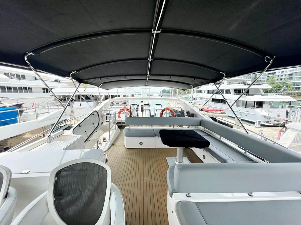 The flybridge offers a spacious and shaded area for relaxation and socializing. aboard ELLYN Yacht for Sale