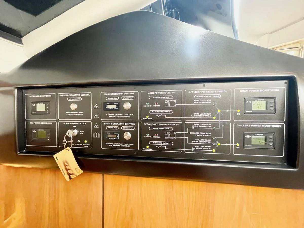 The image showcases the yacht's electrical control panel with various switches and monitoring systems. aboard ELLYN Yacht for Sale