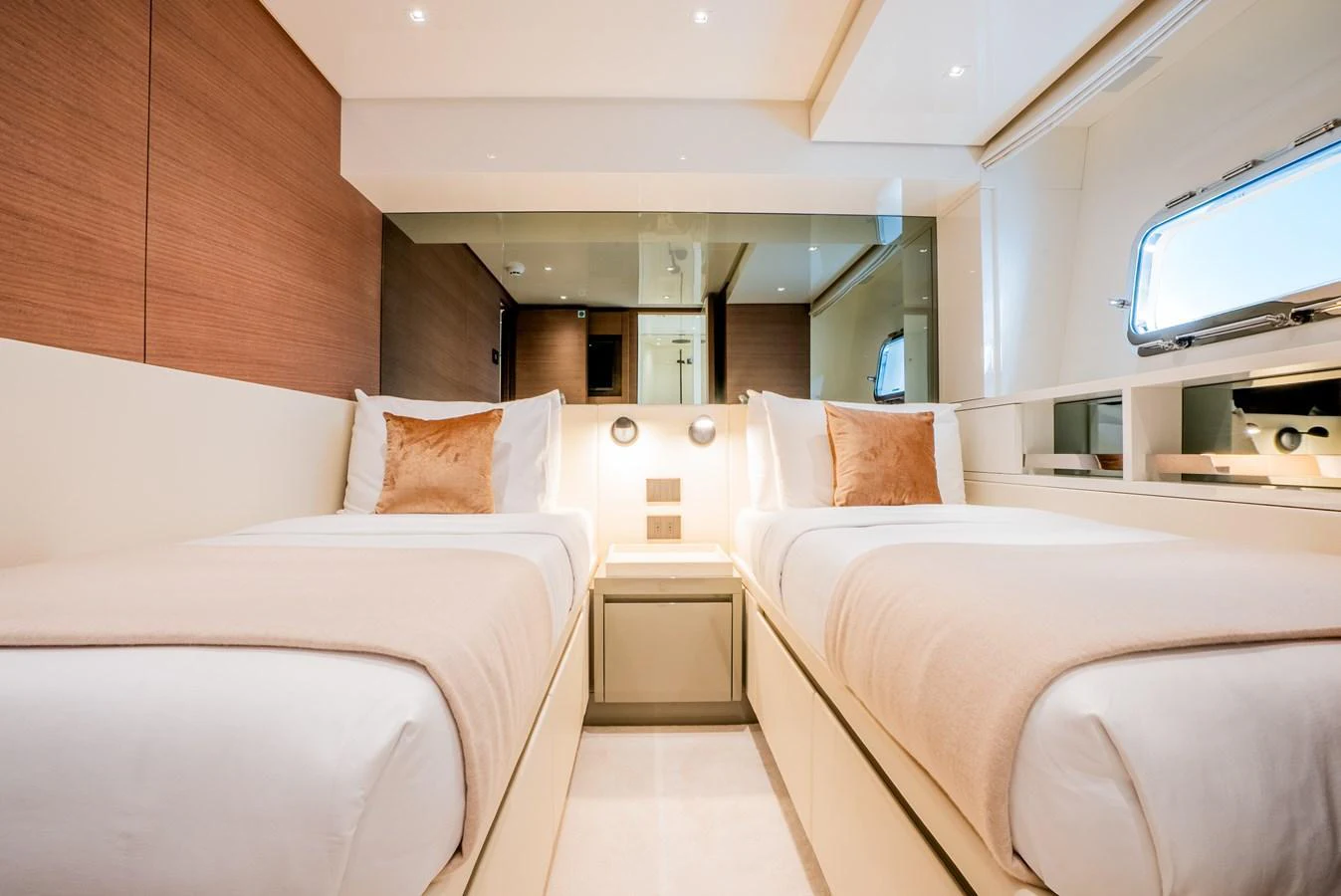 The twin stateroom offers a cozy and elegant sleeping area with modern amenities. aboard ASTRIMARE Yacht for Sale