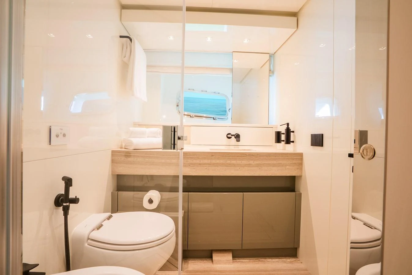 The yacht's bathroom features modern fixtures and a sleek design. aboard ASTRIMARE Yacht for Sale