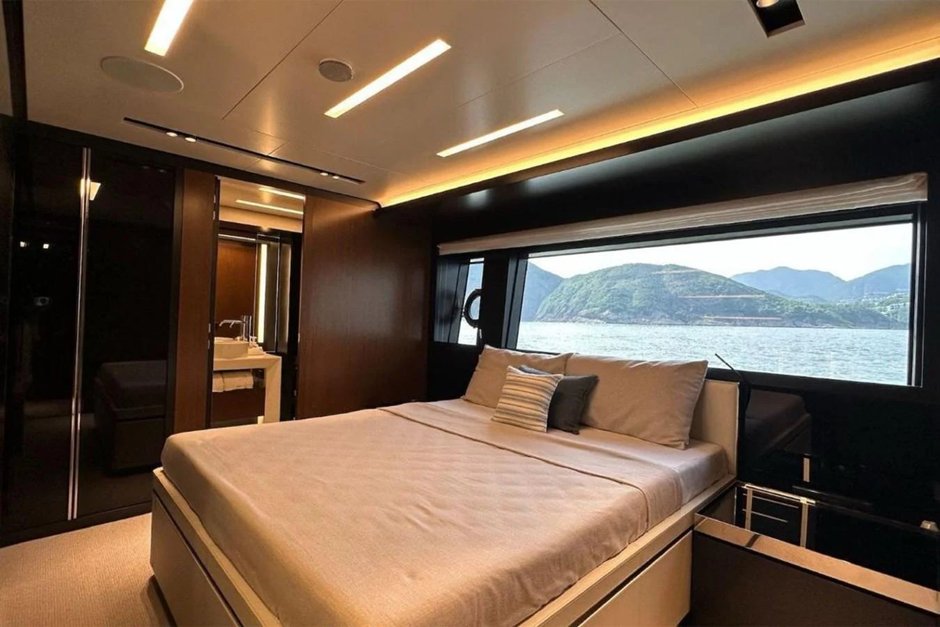 a bed in a room aboard BELLA DONNA Yacht for Sale