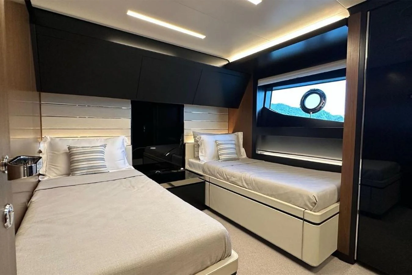 a room with two beds aboard BELLA DONNA Yacht for Sale