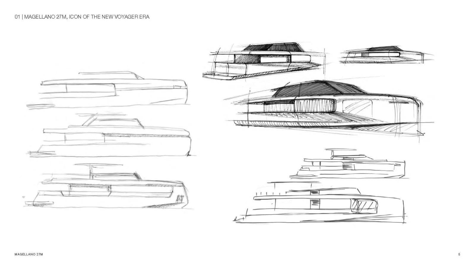 A series of conceptual sketches showcasing various angles and designs of a yacht. aboard AZIMUT GRANDE 27M MAGELLANO Yacht for Sale