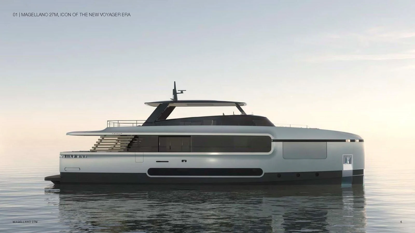 A sleek and modern yacht with a minimalist design glides gracefully on calm waters. aboard AZIMUT GRANDE 27M MAGELLANO Yacht for Sale