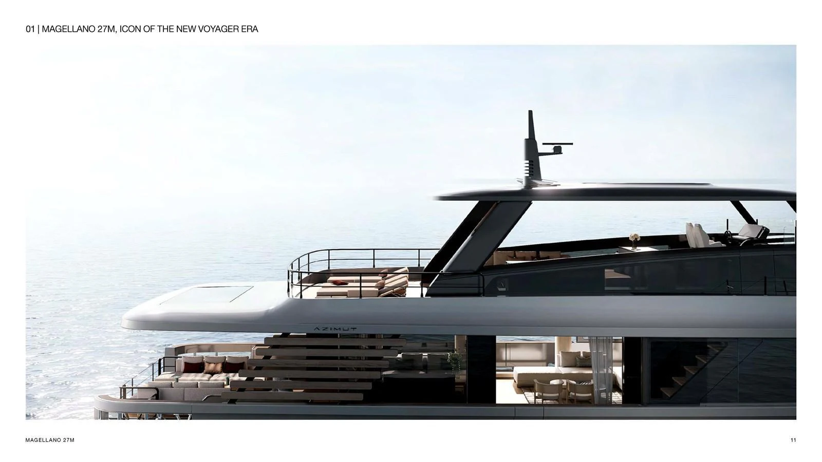 A sleek and modern yacht is shown cruising on calm waters, showcasing its elegant design and spacious decks. aboard AZIMUT GRANDE 27M MAGELLANO Yacht for Sale