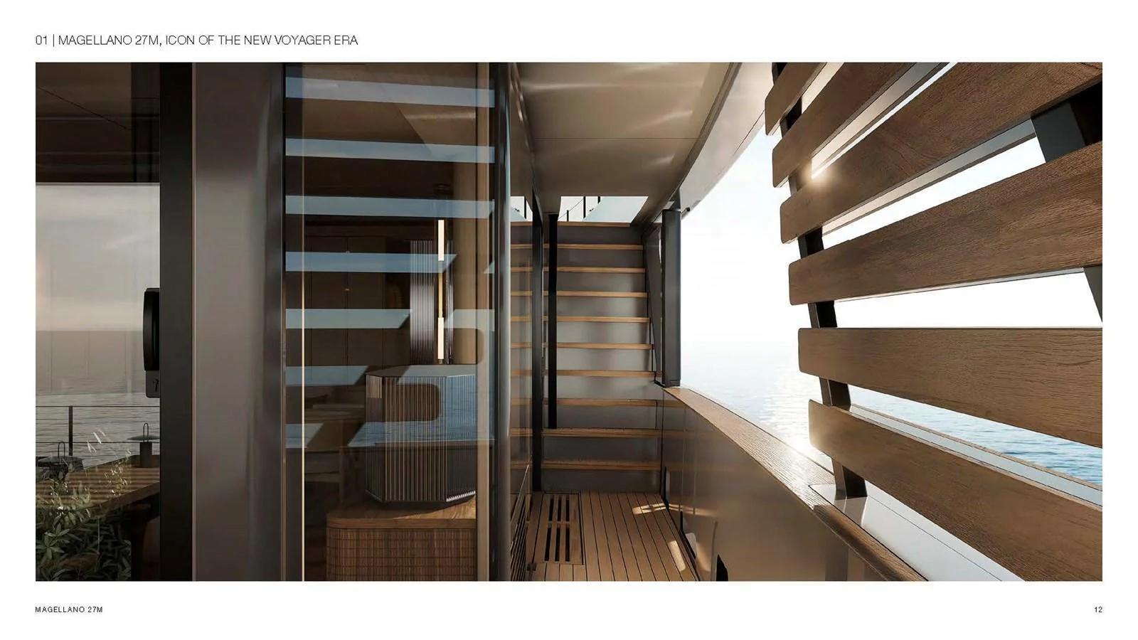 A sleek and modern staircase with wooden accents connects different levels of the yacht. aboard AZIMUT GRANDE 27M MAGELLANO Yacht for Sale