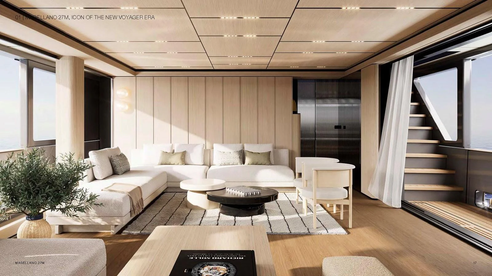 a modern living room with a staircase aboard AZIMUT GRANDE 27M MAGELLANO Yacht for Sale