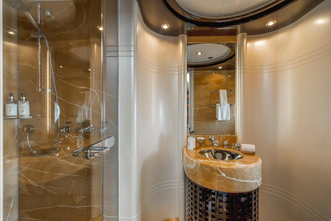 The yacht's bathroom features luxurious marble finishes and modern fixtures. aboard DREAM Yacht for Sale