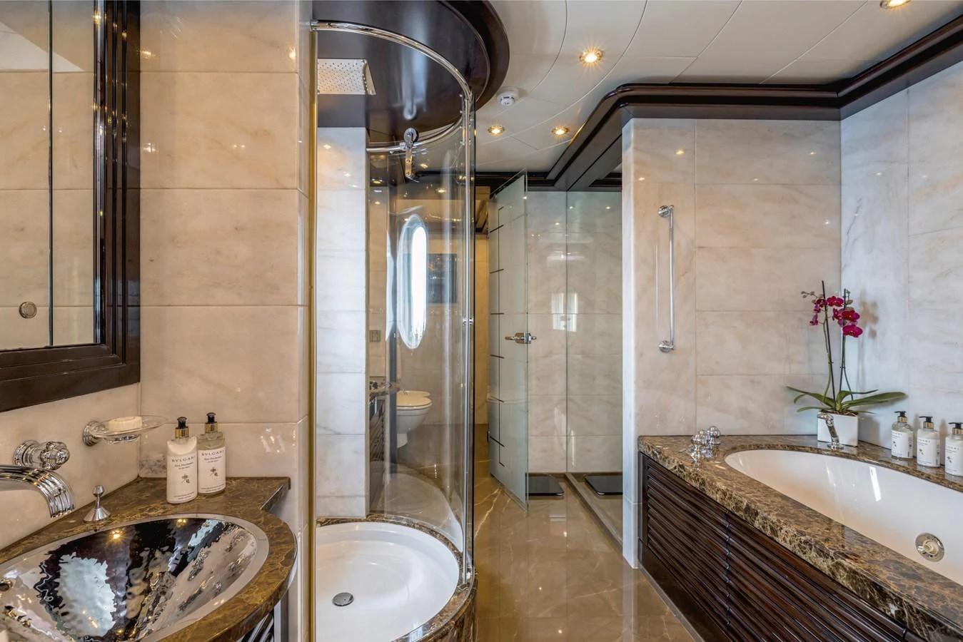 The luxurious bathroom features a glass-enclosed shower, a marble bathtub, and elegant fixtures. aboard DREAM Yacht for Sale